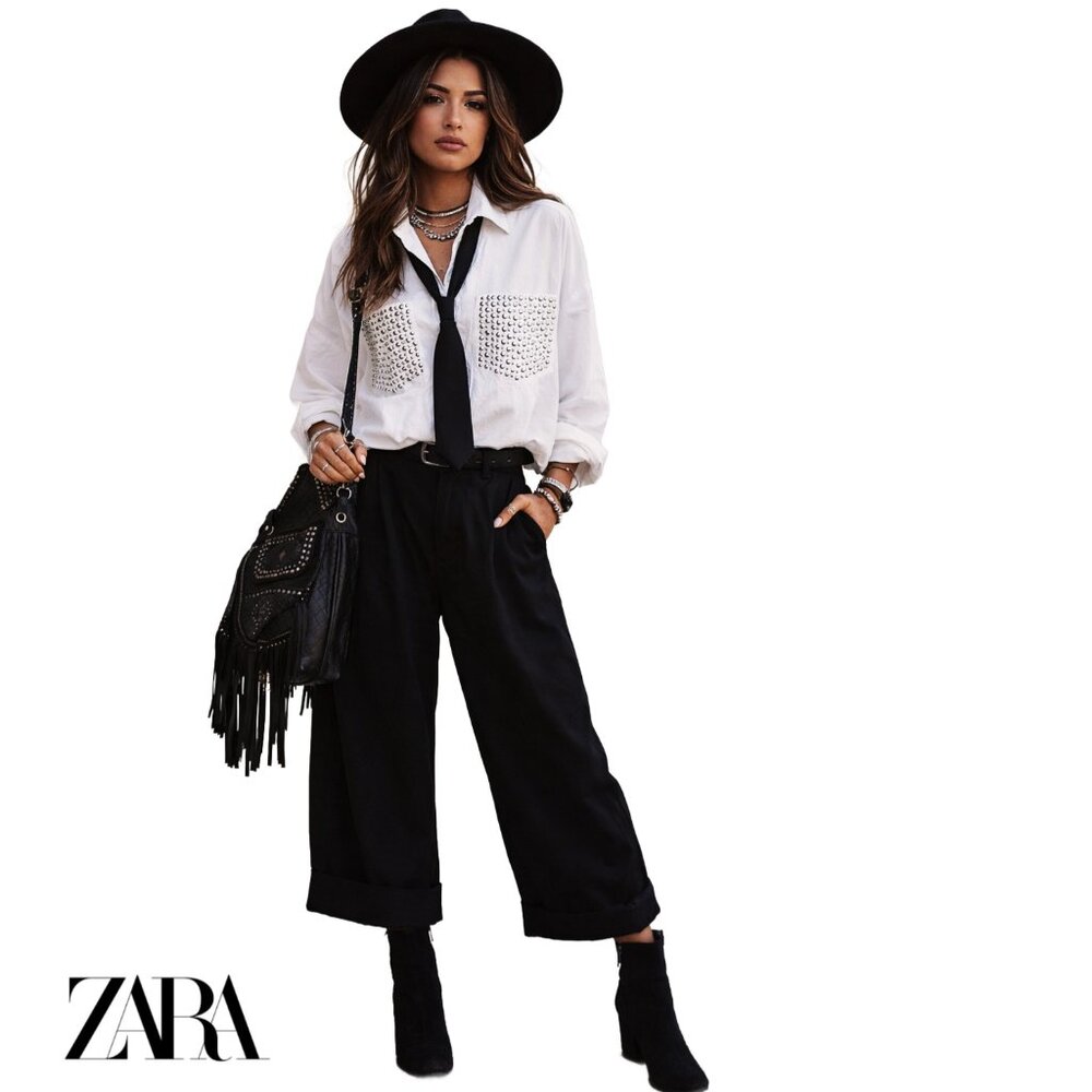 ZARA Embellished Large Pockets Long Sleeves Oversized Cotton Shirt Sz L- XL